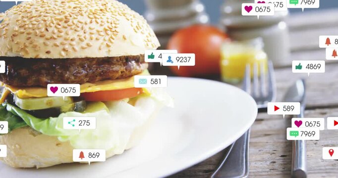 Starting frame2 social badges floating from right clustering over sesame burger, showing engagement
