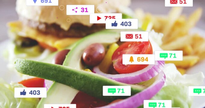 Alert badges appearing and floating over burger meal after two frames, showing rising engagement