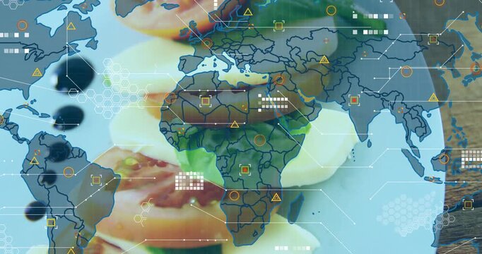 Map fading in over caprese stack, HUD icons pulsing, camera zooming to show sourcing data