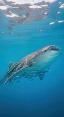 Fototapeta premium Large spotted ocean creature swims toward the bright surface water