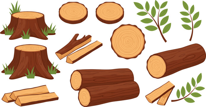 Wood Log and Tree Stump Vector Set with Cut Timber, Planks, Branches, Leaves, and Natural Forest Elements for Games and Nature Designs