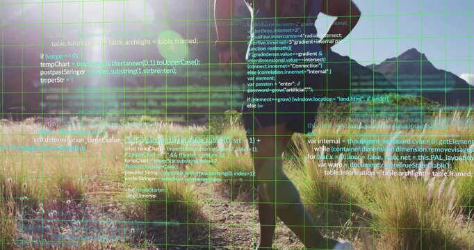 Male hiker walking along path, causing tech grid and teal code clustering near torso, mapping land
