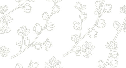 Obraz premium Seamless Floral Branch Vector Clipart Pattern, Elegant Line Art Botanical Background