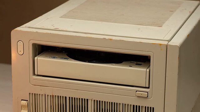 Hand inserting floppy disk into old computer