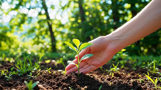 Hand nurturing young plant in soil