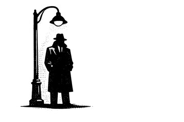Fototapeta premium Noir detective silhouette standing under a streetlamp, single central figure reduced to a dark graphic shape, black and
