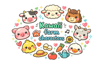 Kawaii Farm Characters. Kawaii farm characters. Hand drawn illustration of Kawaii farm characters. cute cow face,
