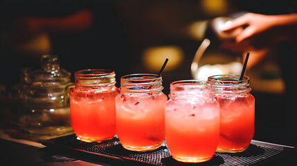 Refreshing Pink Beverages Served in Mason Jars with Ice and Straws at a Contemporary Bar Setting