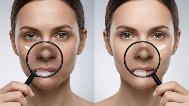 Comparative view of a woman's face, showing the effect of cosmetic treatment and cream application with a magnifying glass to highlight the difference between blemished and perfect skin