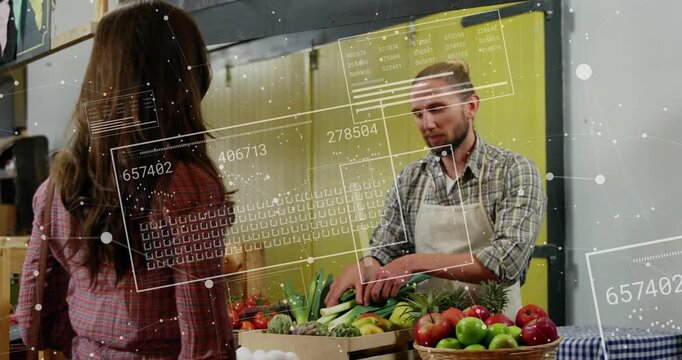 Shopper gesturing, vendor selecting leeks for market purchase while GUI overlays annotating produce