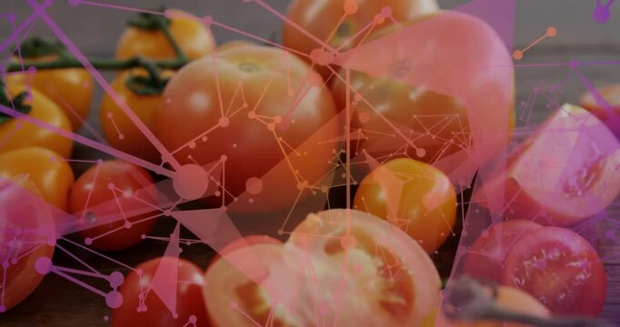 Pink-orange overlay appearing prompts camera shifting closer, showing halved tomato seeds for promo