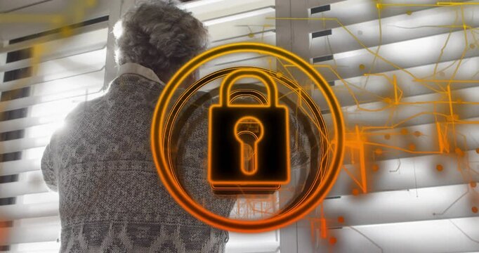 Senior woman pulling cord, tilting slats, revealing amber padlock HUD pulsing for security