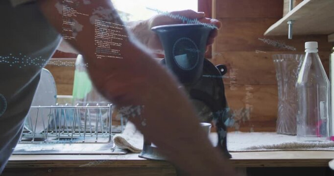 Man grabbing crank cranking grinder for coffee then leaving kitchen motion arrows showing grind