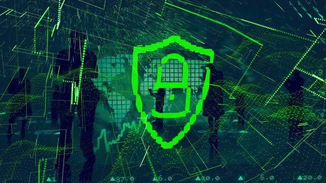 Shield outline appearing, neon shield pulsing and morphing into padlock to secure network data