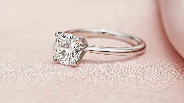 Exquisite diamond solitaire engagement ring with a brilliant cut stone set in white gold or platinum, slowly rotating on a delicate pink silk background to showcase its sparkle and craftsmanship