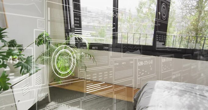 Wireframe HUD appearing, scrolling over bedroom corner, panels updating and gauge showing room data