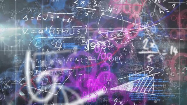 Soft blue glow emerging at left edge sparking math equations layering, rotating, showing formulas