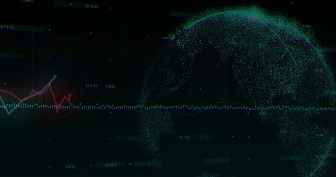 Playhead moving, starting particle globe forming, dots ticking, graphs pulsing, showing data links