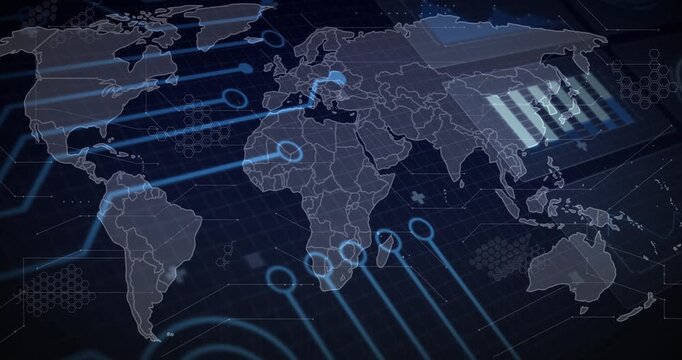 Translucent map appearing, blue links sliding, nodes pulsing and chart cycling to show data flow