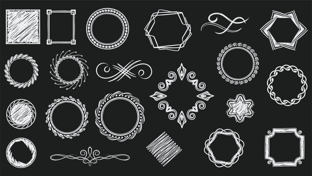 Assorted circular and geometric frames with hand-drawn chalkboard textures are scattered across a dark textured background.