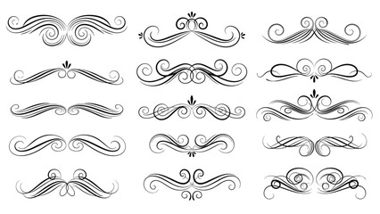Large set of elegant calligraphic flourishes and decorative dividers with stylized patterns is on a white background.