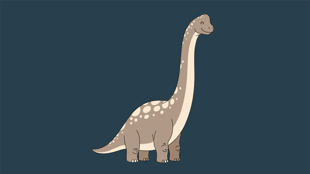 Tall and friendly brachiosaurus dinosaur is depicted as a cute brown cartoon character with a long neck against a dark blue background.