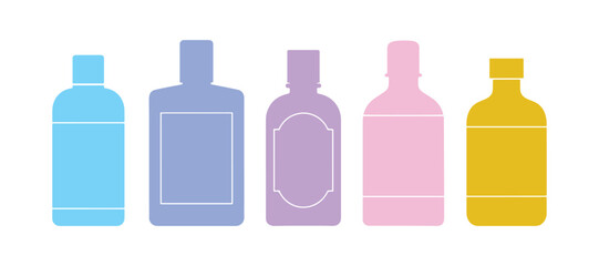 Lotion-filled bottle.  Aftershave lotions.  Lotion for post-shave care.  Tonic solution.  Cologne fragrance.  Micellar cleansing water.  Flat vector illustration or icon set.  