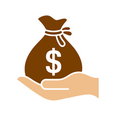 Hand holding brown money bag with dollar sign on it