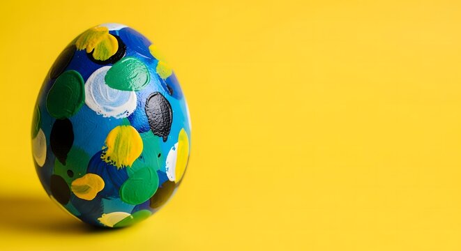Vibrant easter egg on yellow background with green blue and yellow polka dots