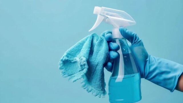 Blue gloves with a spray bottle and cloth emphasise the importance of hygiene, ideal for advertising cleaning products or educational materials on disinfection as a background.
