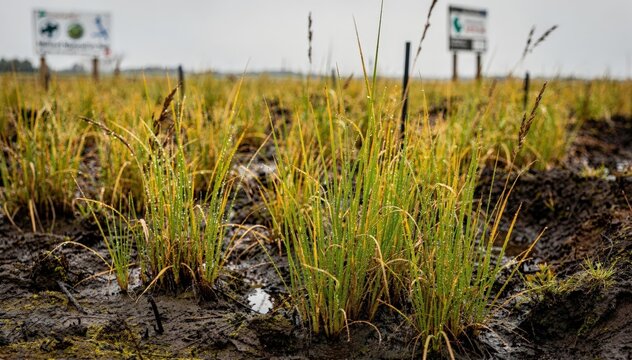 Close medium shot of vibrant marsh reeds emerging from saturated soil signage faintly visible illustrating early stages of wetland restoration.