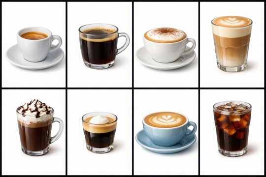Coffee drink variety collage with espresso americano cappuccino latte and cold brew