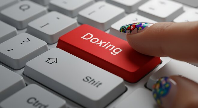 Person pressing doxing key on computer keyboard with finger