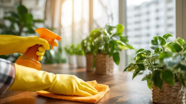 Person in yellow gloves cleaning a wooden table with a cloth and spray