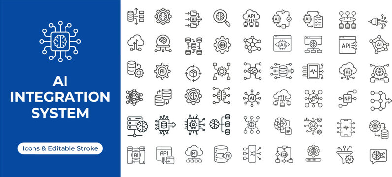 AI Integration System Line Icons for SaaS and Enterprise Platforms