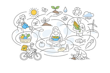 Green food system. Abstract scene with people, plants, and food connected by smooth circular lines, sense of balance and