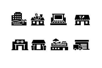 Fototapeta premium Hotel Facilities Exterior. Filled icon set of Hotel Facilities Exterior: hotel pool building, spa building, conference