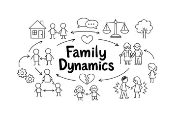 Family Dynamics. Hand-drawn doodle illustration of Family Dynamics. arrows between people, balance scale, heart, house,