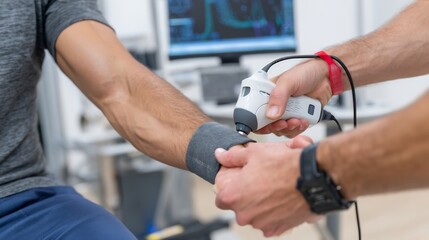 Gymnast wrist strain receiving physiotherapy using ultrasound device rehabilitation clinic background focused medical care photography