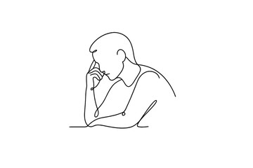 Inner reflection pose. Minimalistic one-line drawing thinking person with subtle body language of concentration and