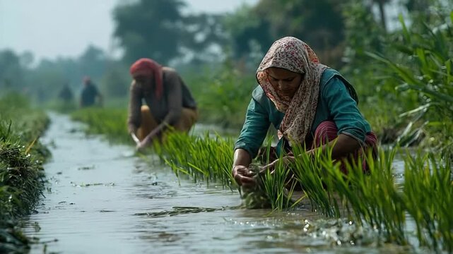 indian farmers manually harvesting rice in waterlogged paddy fields video