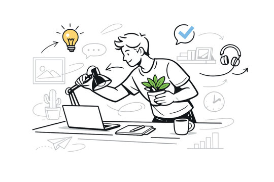 ite, only somCreating a home office with stylish accessories. Person arranging desk lamp and plant, clean workspace