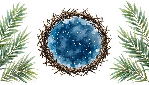 A crown of thorns with a starry night sky and palm leaves on a white background for Easter or Palm Sunday