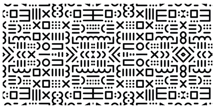 Abstract seamless pattern featuring repeating geometric symbols and abstract glyphs creating a modern black and white texture background design element