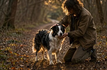 Person bonding with border collie on forest path