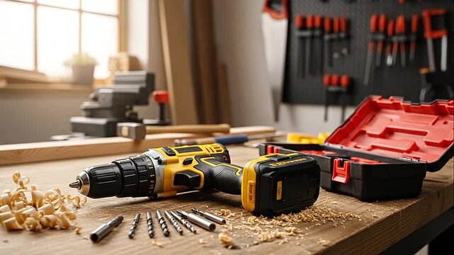 Cordless drill, bits, and hand tools with wood shavings on a sturdy wooden workbench in a bright workshop setting.