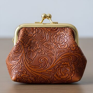 Beautiful brown leather purse with gold clasp and floral embossing on wooden surface