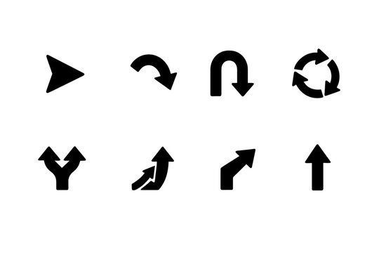 Route Directions. Filled icon set of Route Directions: navigation arrow, curved turn, u-turn arrow, roundabout symbol,