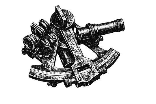 Weathered brass sextant partially visible, surface marked by scratches and oxidation, symbolism of navigation and lost