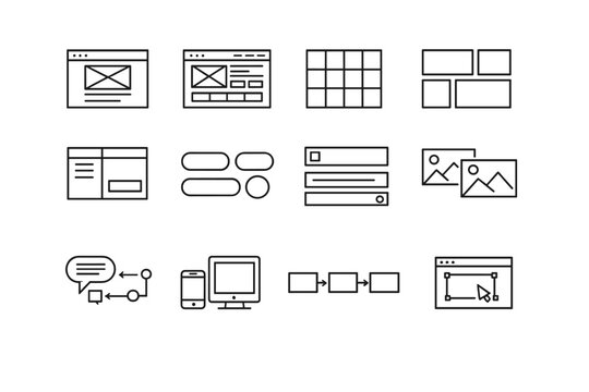 Wireframing. Line outline icon set of Wireframing: low fidelity wireframe, high fidelity wireframe, layout grid, content